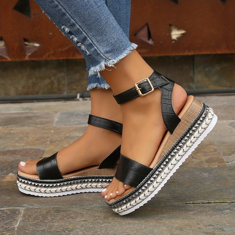Croc-Embossed Platform Wedge Sandals with Ankle Strap