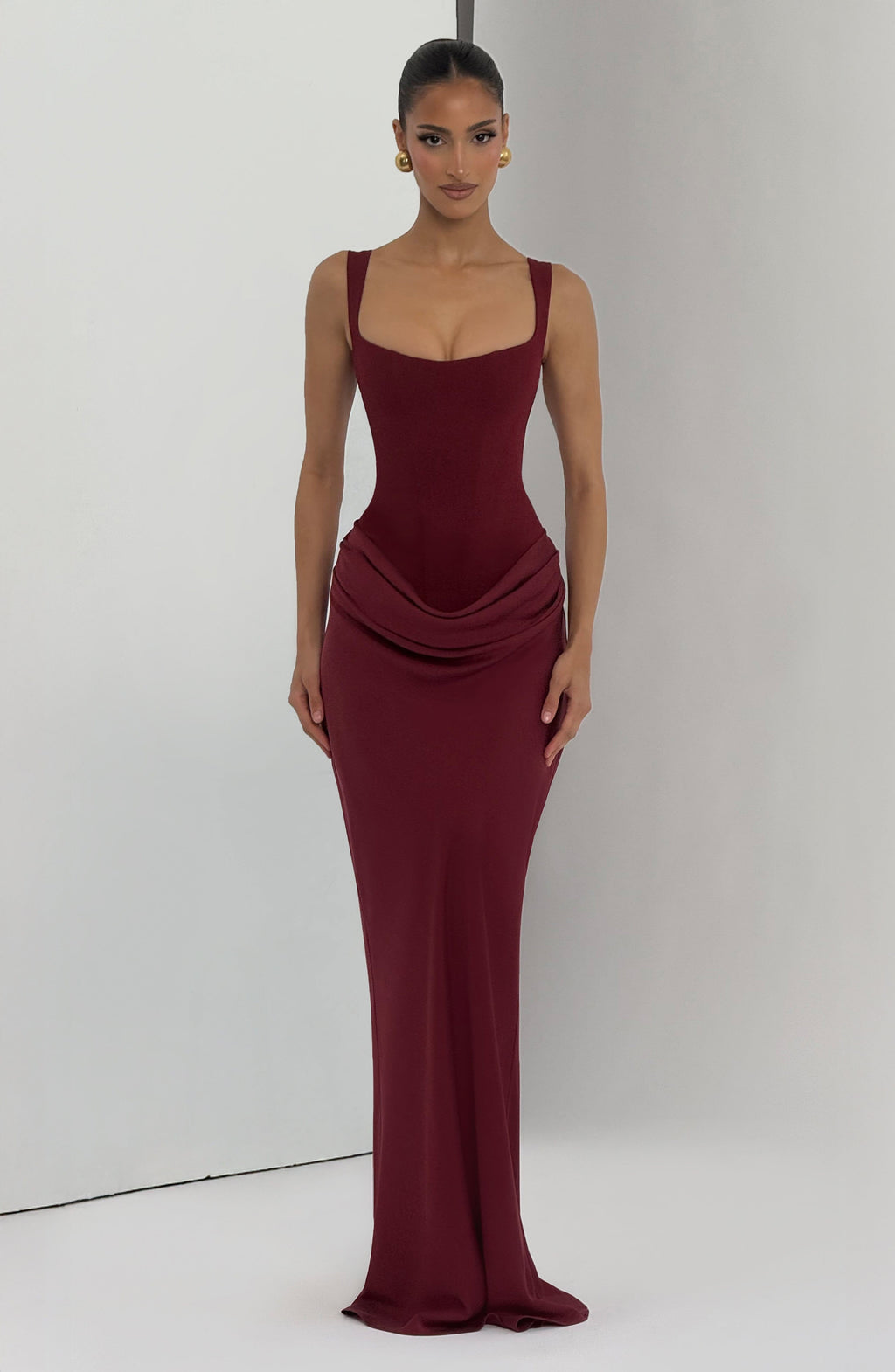 Burgundy Draped Maxi Dress – Elegant Evening Gown | Meave & Ivy