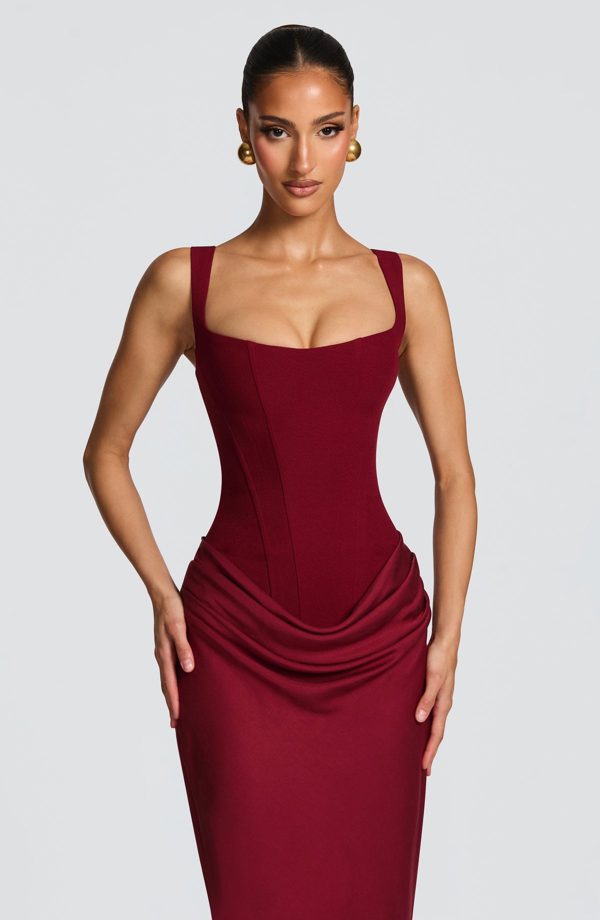 Burgundy Draped Maxi Dress – Elegant Evening Gown | Meave & Ivy