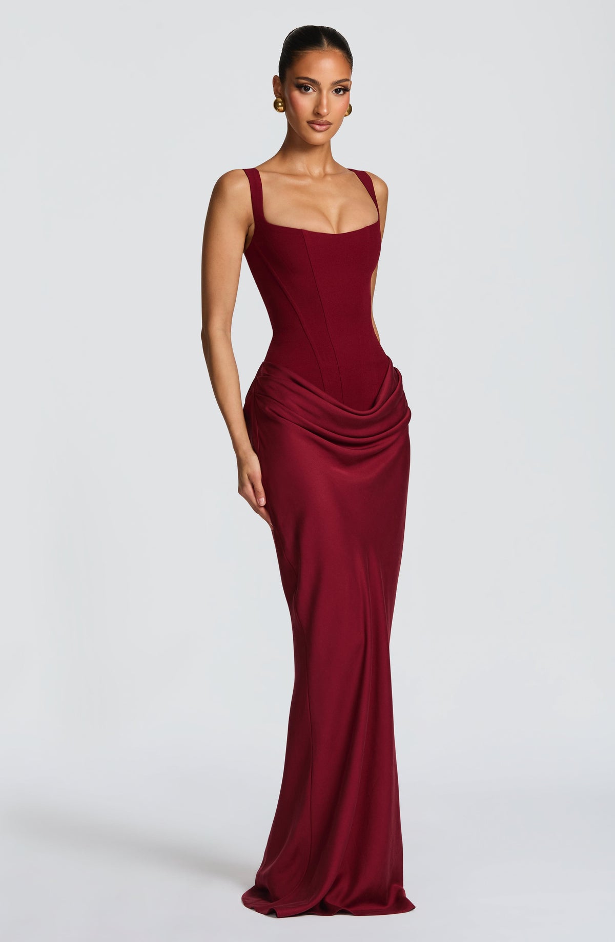 Burgundy Draped Maxi Dress – Elegant Evening Gown | Meave & Ivy
