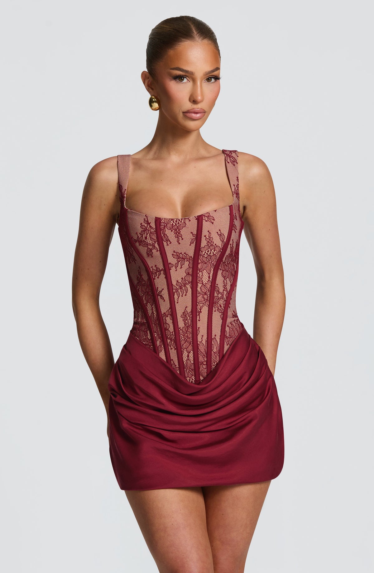 Burgundy Lace Corset Mini Dress – Statement Tailoring | Meave & Ivy