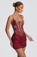 Burgundy Lace Corset Mini Dress – Statement Tailoring | Meave & Ivy