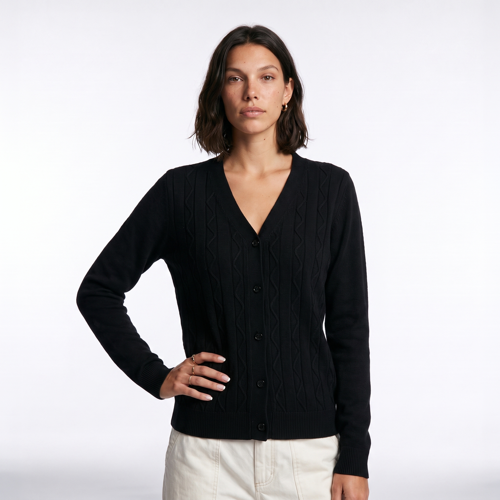 Cable Knit Button-Front Cardigan with Patch Pockets