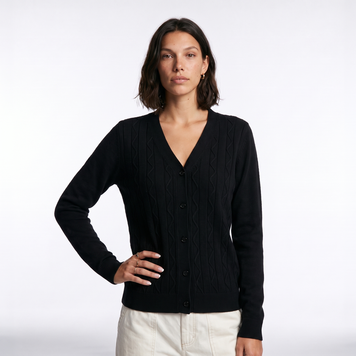 Cable Knit Button-Front Cardigan with Patch Pockets
