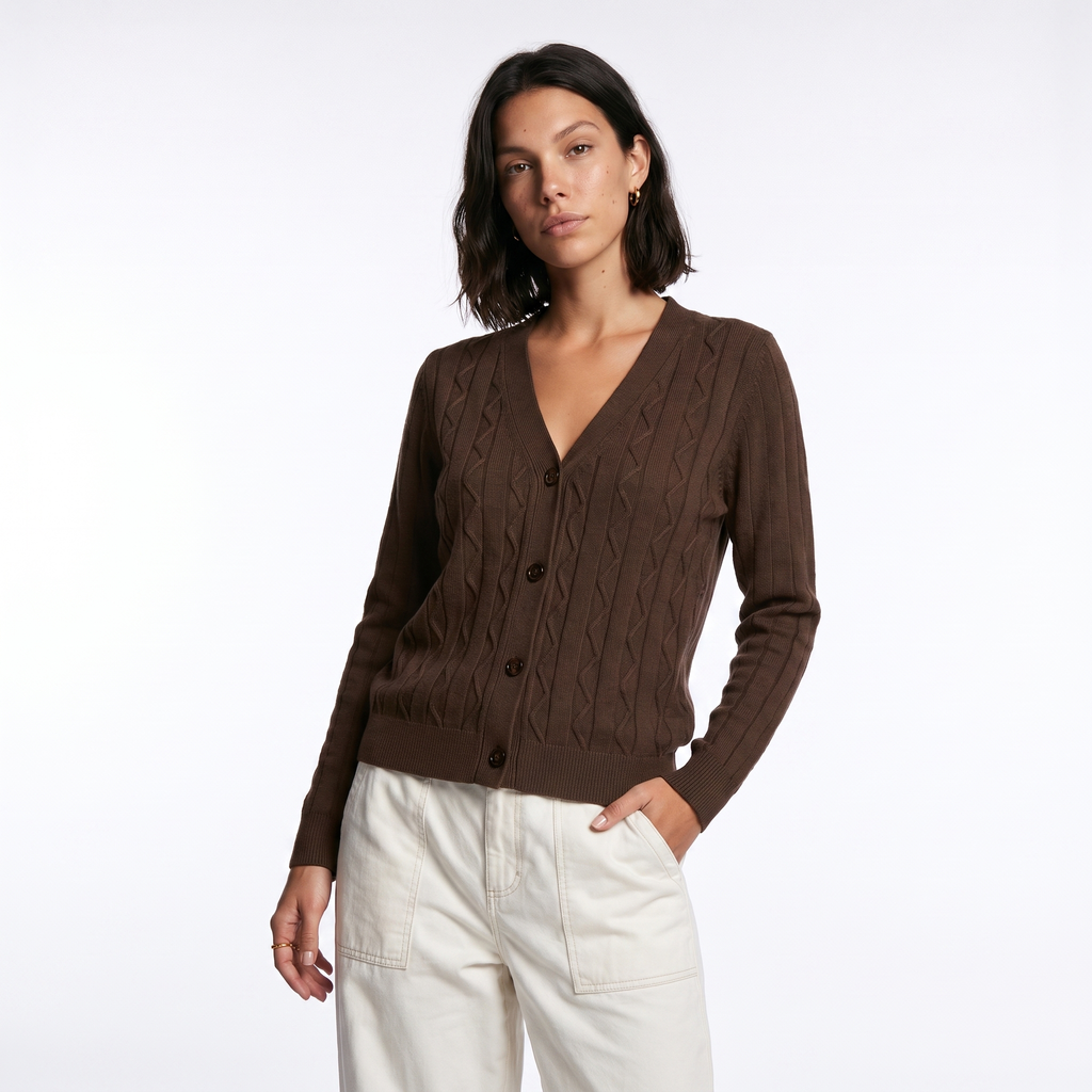 Cable Knit Button-Front Cardigan with Patch Pockets