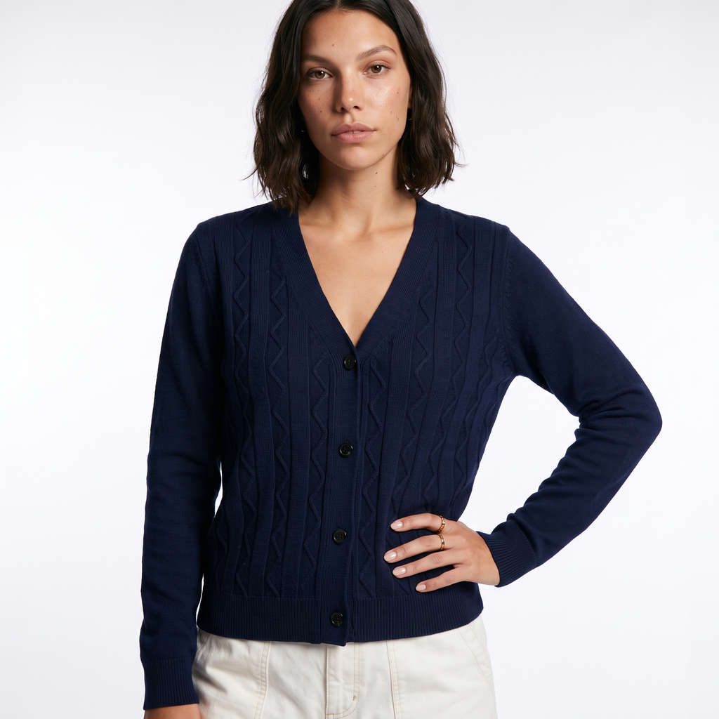 Cable Knit Button-Front Cardigan with Patch Pockets
