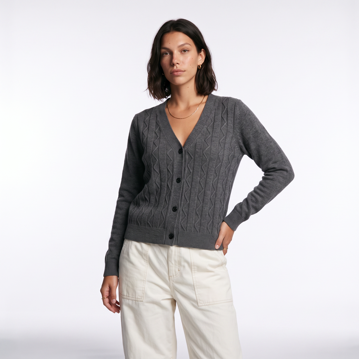 Cable Knit Button-Front Cardigan with Patch Pockets