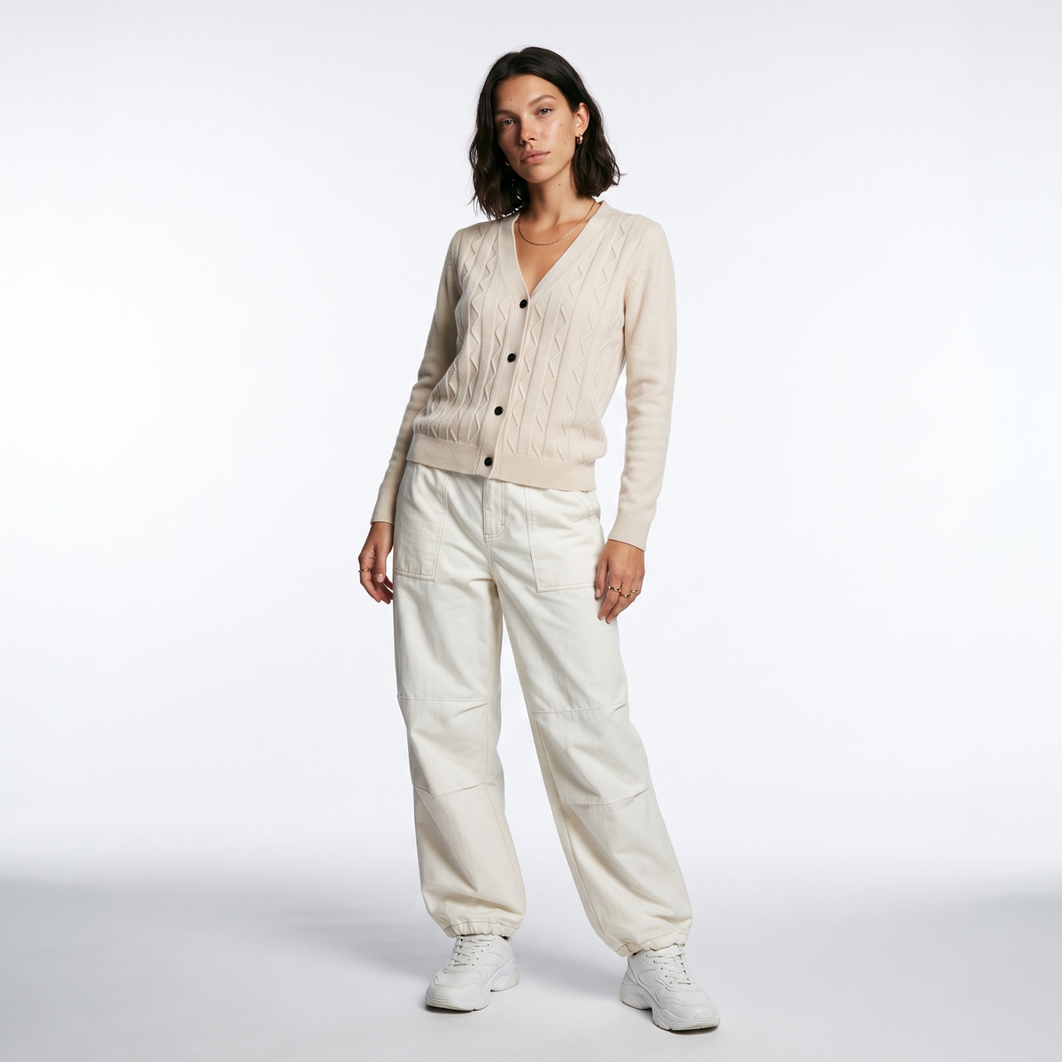 Cable Knit Button-Front Cardigan with Patch Pockets