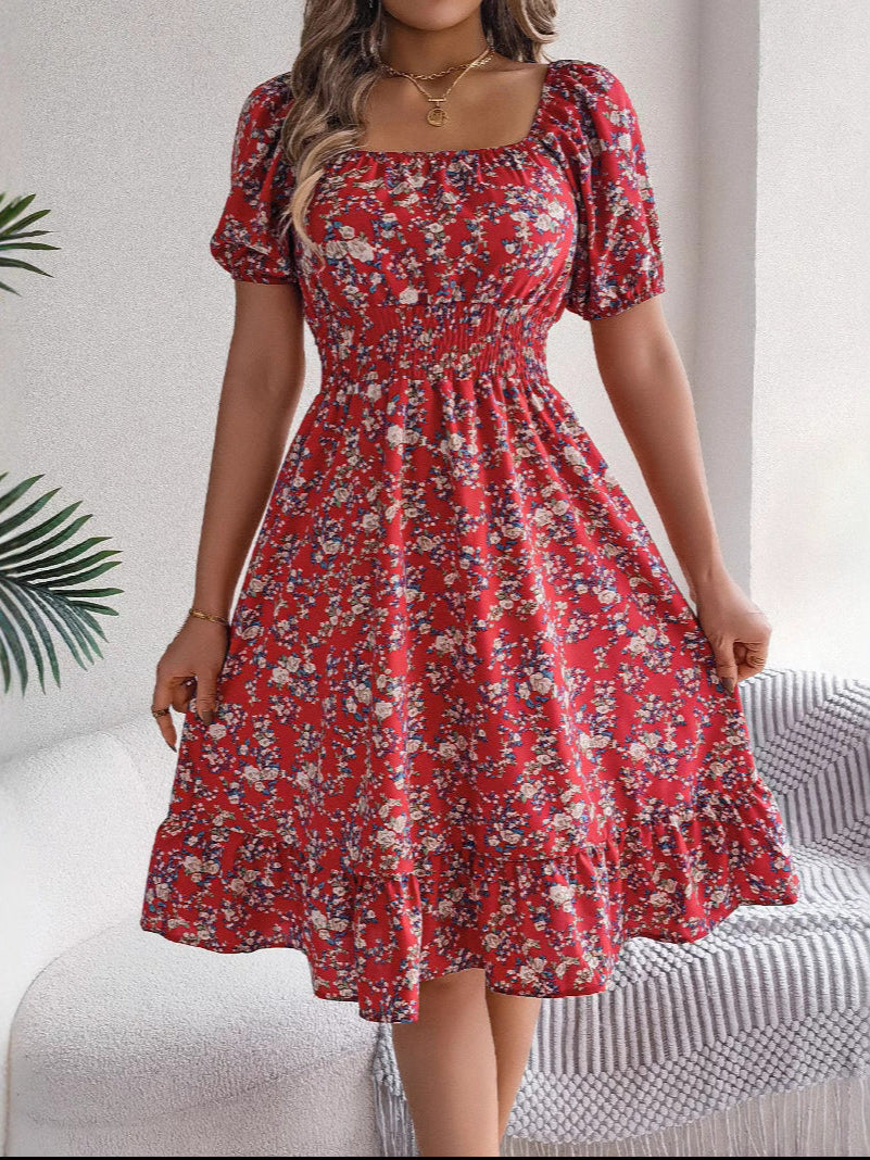 Square Neck Floral Dress with Frill Hem and High Waist | Meave & Ivy