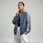 Retro Track Jacket with Button Loops & Contrast Stripes – Velour Look Zip Jacket