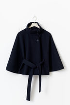 Cape Coat with High Collar & Bow Belt – Elegant Winter Cape