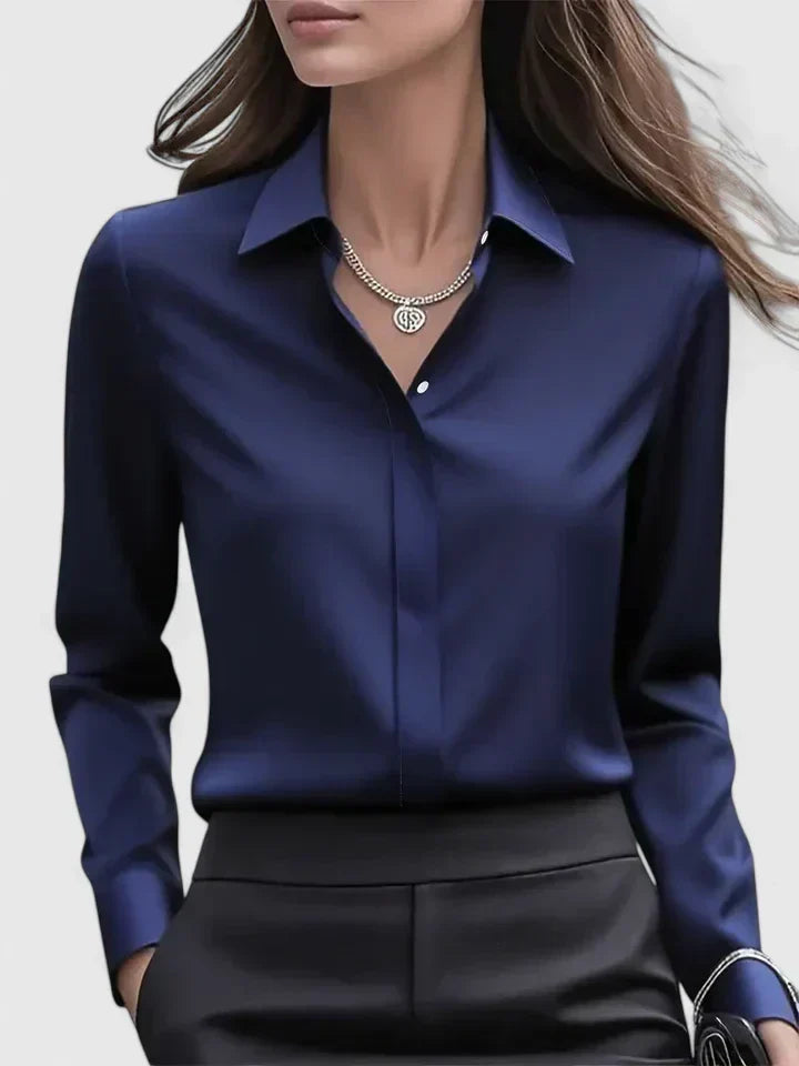 Women's Satin Blouse with Classic Collar and Button Front