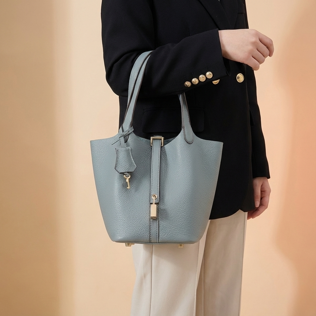 Structured Basket Handbag with Twist Lock – Faux Leather Bucket Bag