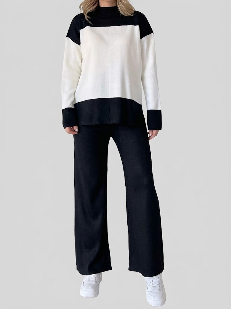 Women's Colour-Block Knit Co-Ord Set – High-Neck Long-Sleeve Top