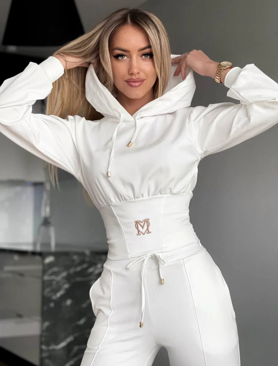 Women's Two-Piece Hooded Tracksuit Set with Sculpted Fitted Waist