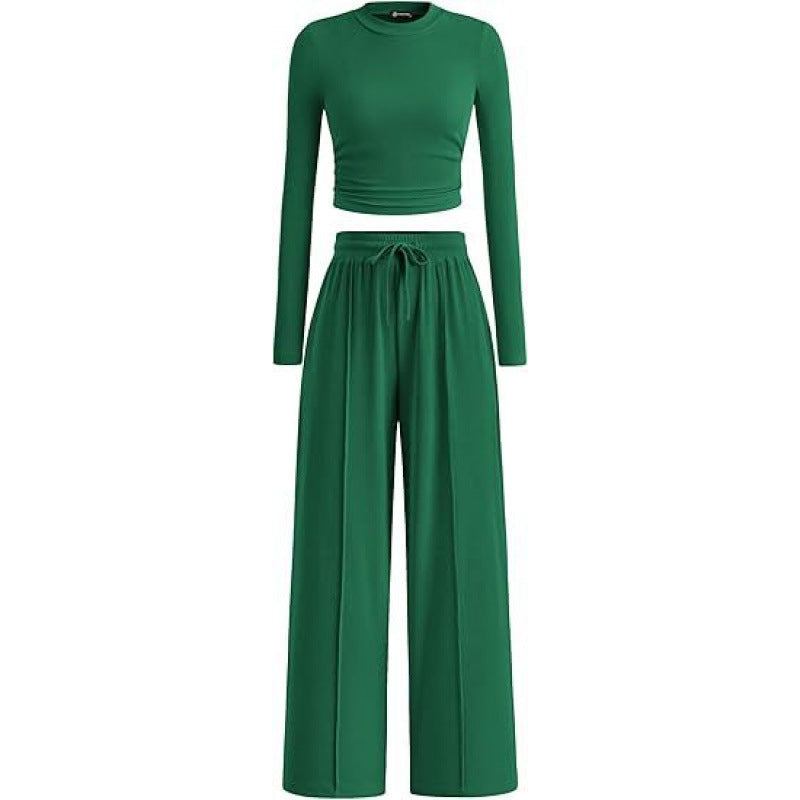 Women's Long-Sleeve Fitted Top and Wide-Leg Trousers Set