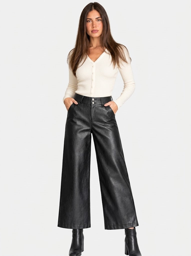 Women's High-Waist Wide-Leg Faux Leather Trousers