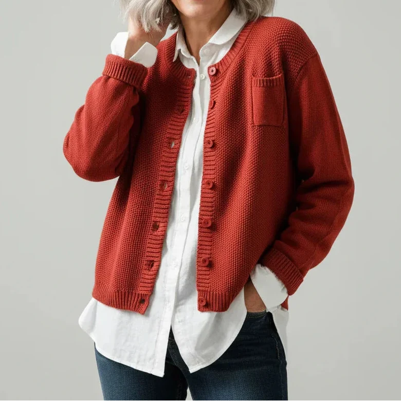Women's Textured Knit Button-Up Cardigan with Round Neck and Chest Pocket
