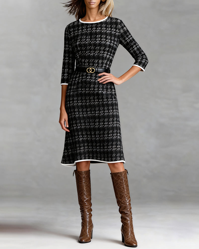 Knee Length A-Line Round Neck Three-Quarter Sleeve Autumn Dress | Meave & Ivy