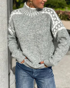 Women's Nordic Knitted Sweater with Ribbed High Neck and Patterned
