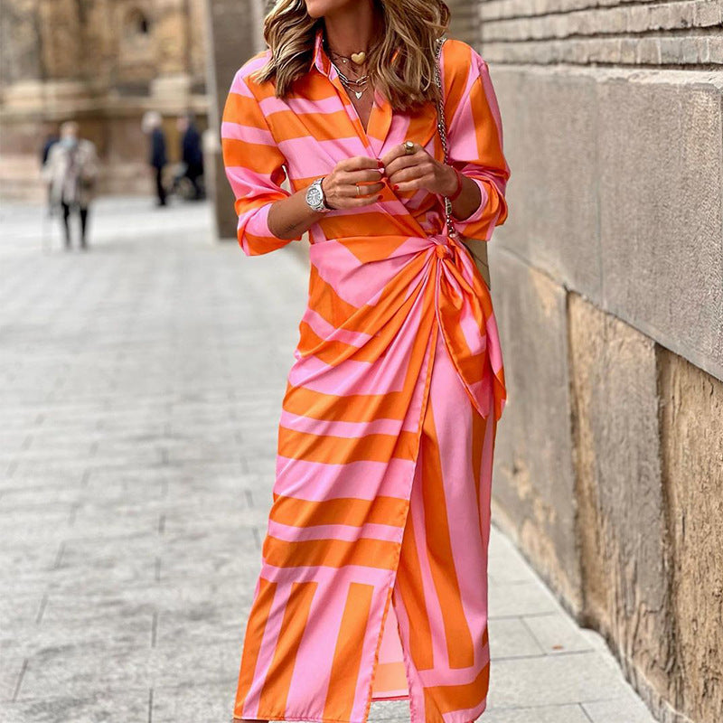 Striped Cardigan Lace-Up Dress with Straight Midi Skirt Printed | Meave & Ivy