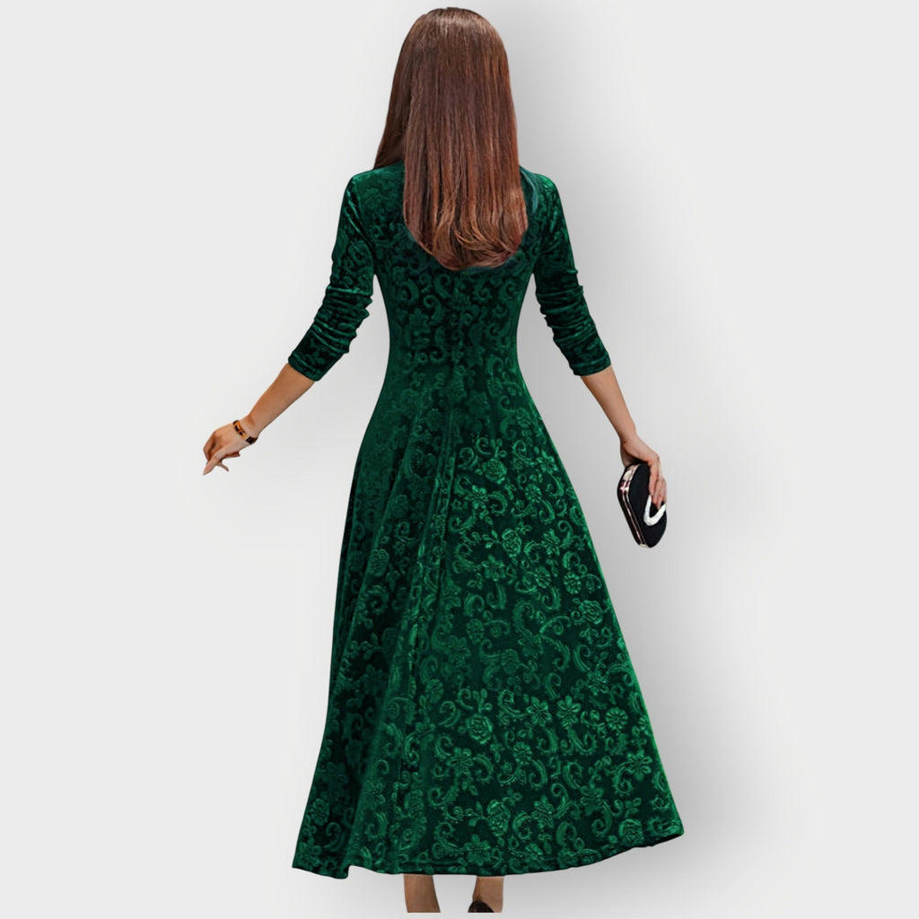 Velvet Jacquard Midi Dress V-Neck Flared | Meave & Ivy
