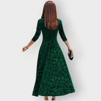 Velvet Jacquard Midi Dress V-Neck Flared | Meave & Ivy