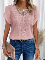 Crochet Lace Trim Waffle-Knit Top