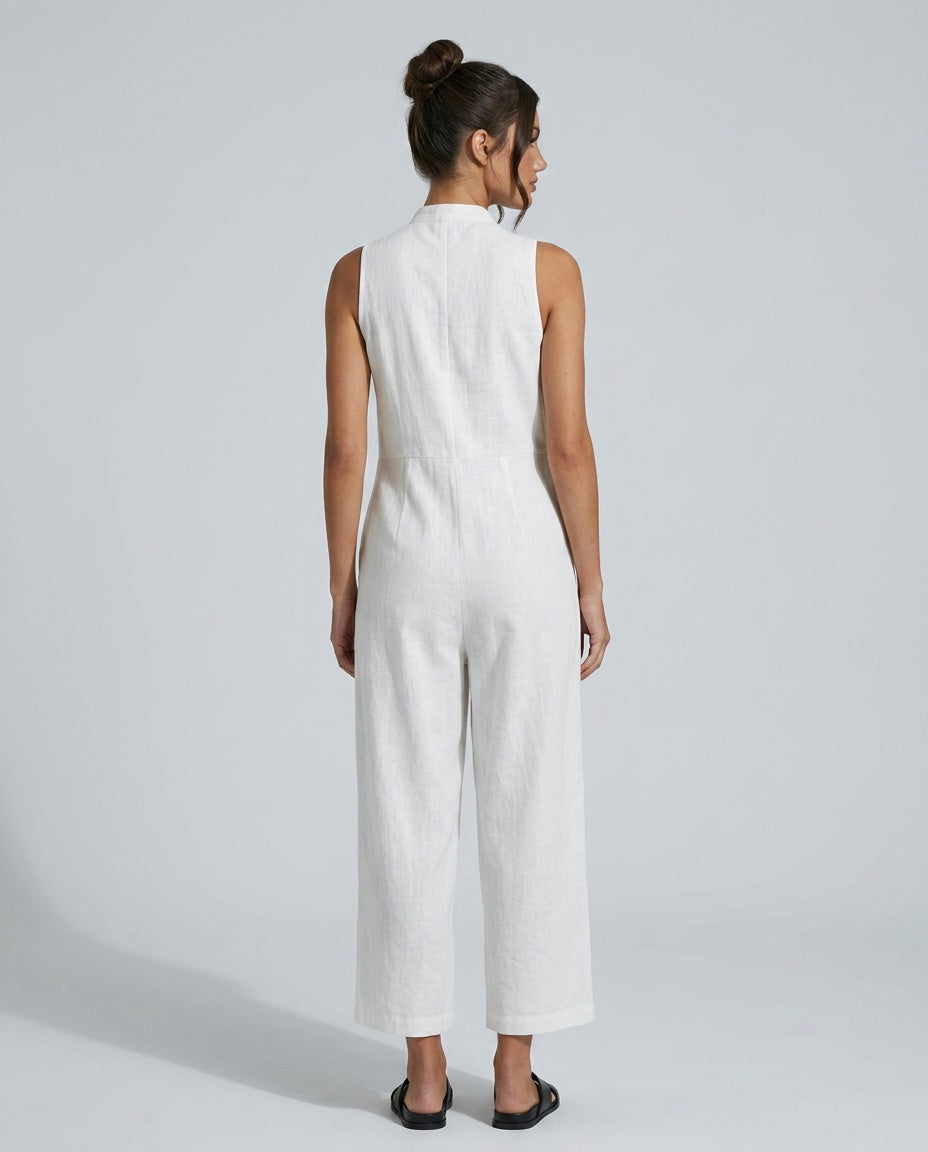 Linen-Blend Sleeveless Loose Jumpsuit