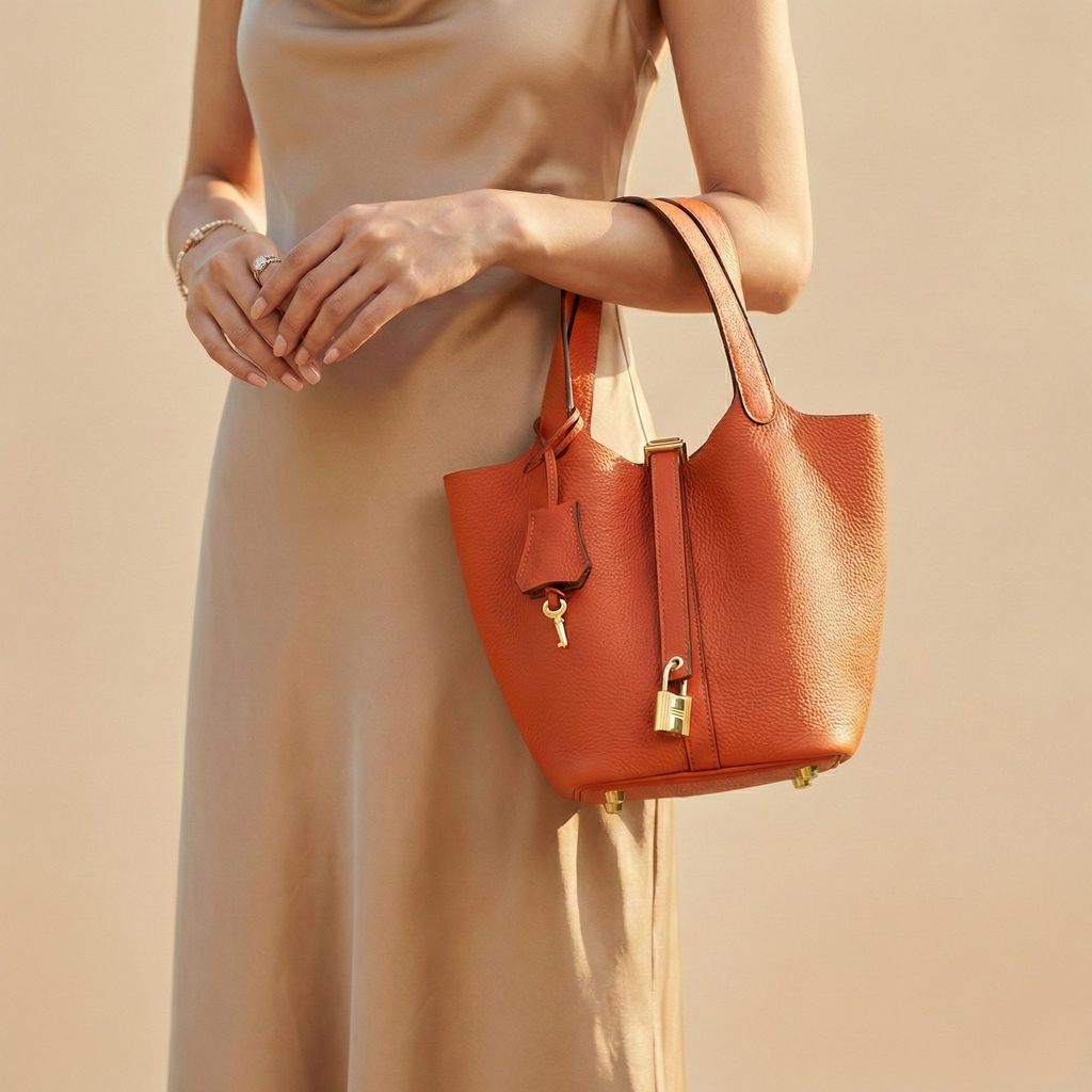 Structured Basket Handbag with Twist Lock – Faux Leather Bucket Bag