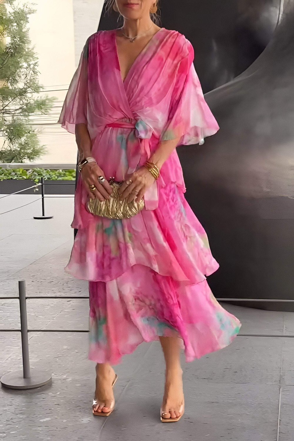 Women's Tiered Chiffon Wrap Maxi Dress – Watercolour Floral