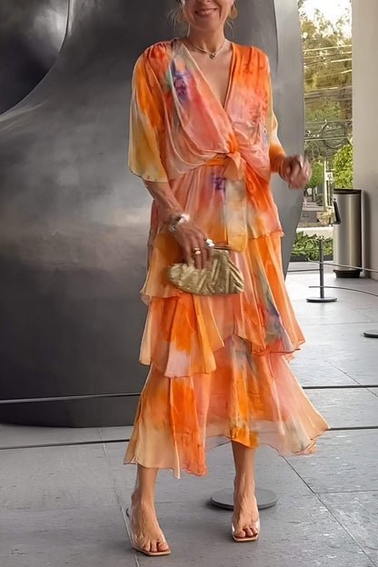 Women's Tiered Chiffon Wrap Maxi Dress – Watercolour Floral