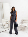 Women's Draped Sleeveless Two-Piece Set – Asymmetric Top and Flowing