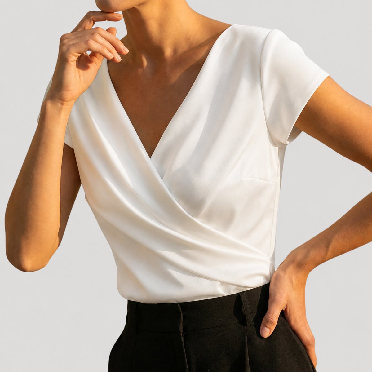 Women's Draped Wrap-Front Top with Cap Sleeves