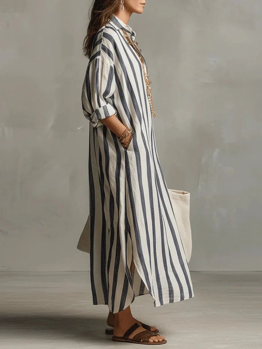 Women's Striped Linen-Look Shirt Maxi Dress – Oversized
