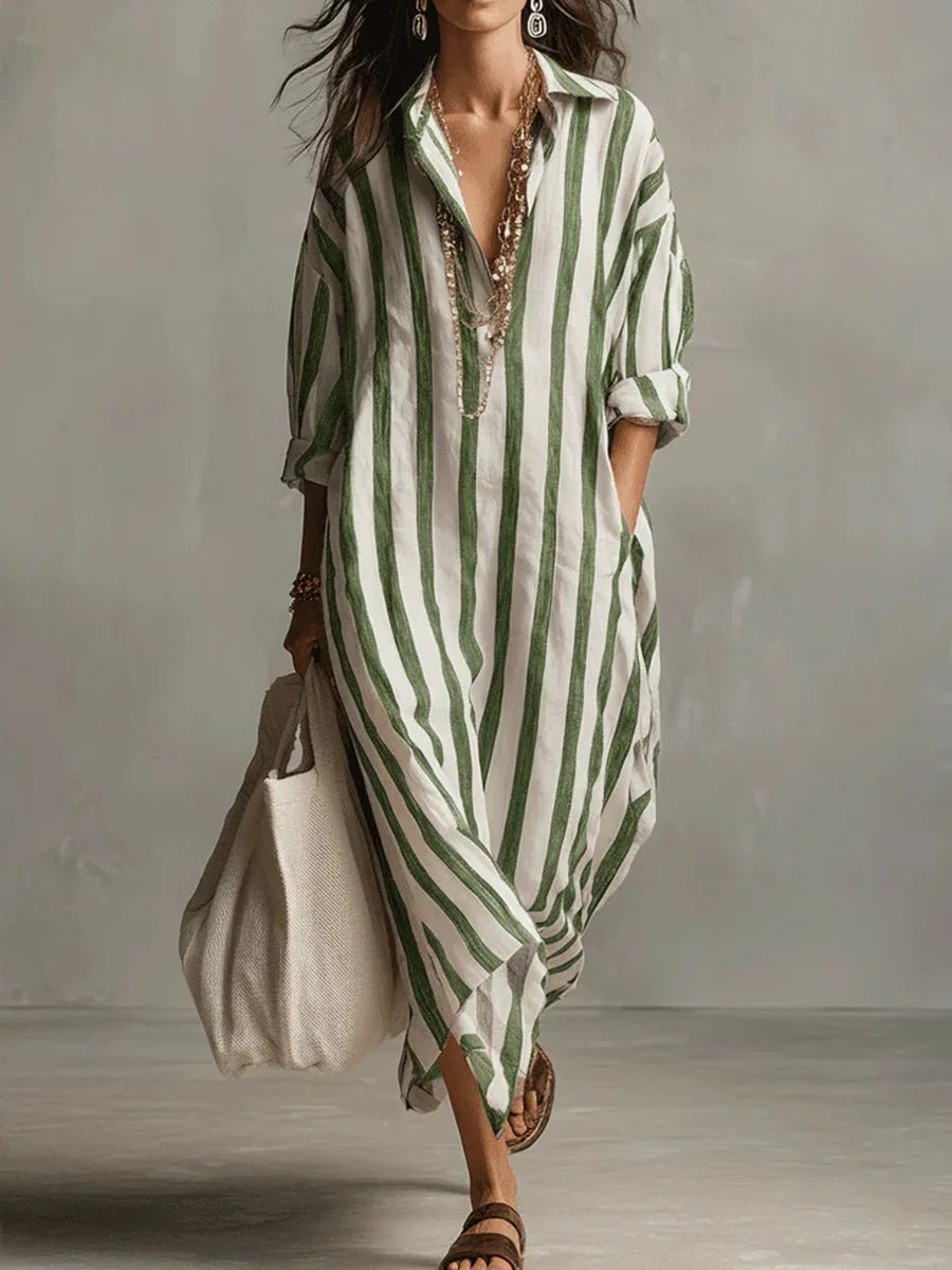 Women's Striped Linen-Look Shirt Maxi Dress – Oversized