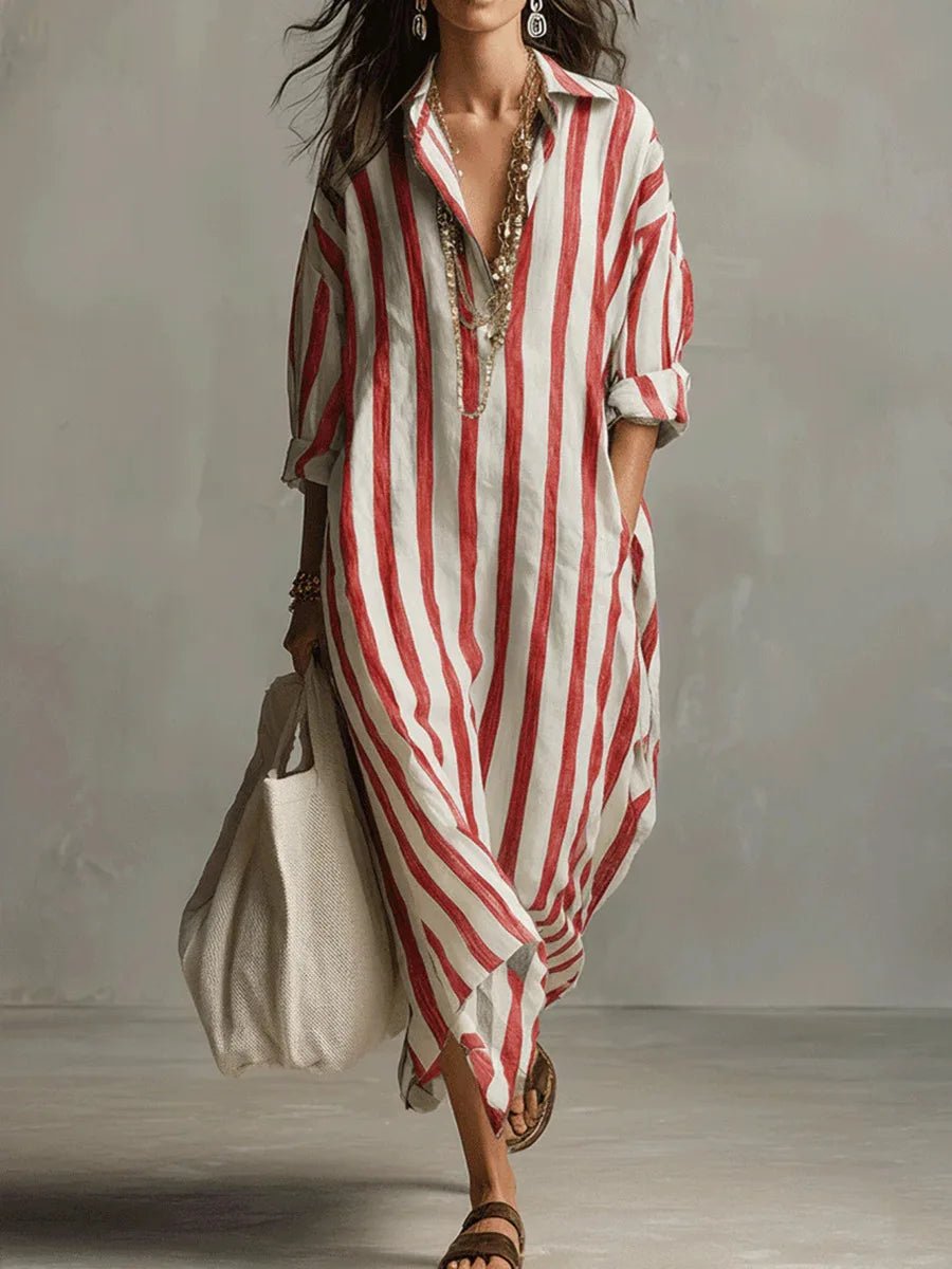 Women's Striped Linen-Look Shirt Maxi Dress – Oversized