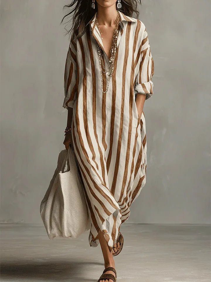 Women's Striped Linen-Look Shirt Maxi Dress – Oversized