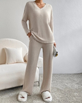 Women's V-Neck Ribbed Loungewear Set – Relaxed Long-Sleeve Pullover