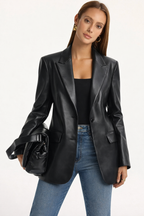 Leather Look Blazer – Black Single Breasted Blazer