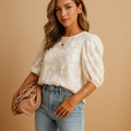 Floral Puff Sleeve Blouse - Round Neck Elegant Top | Meave & Ivy