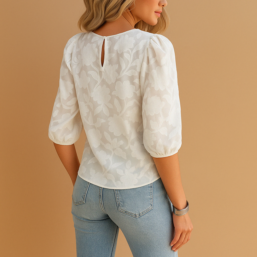 Floral Puff Sleeve Blouse - Round Neck Elegant Top | Meave & Ivy