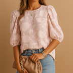 Floral Puff Sleeve Blouse - Round Neck Elegant Top | Meave & Ivy