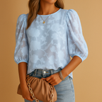 Floral Puff Sleeve Blouse - Round Neck Elegant Top | Meave & Ivy