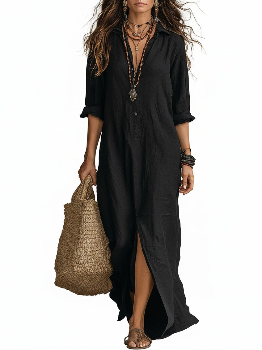 Shirt Collar Button-Down Maxi Dress - Long Sleeve Side Split | Meave & Ivy