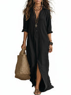 Shirt Collar Button-Down Maxi Dress - Long Sleeve Side Split | Meave & Ivy