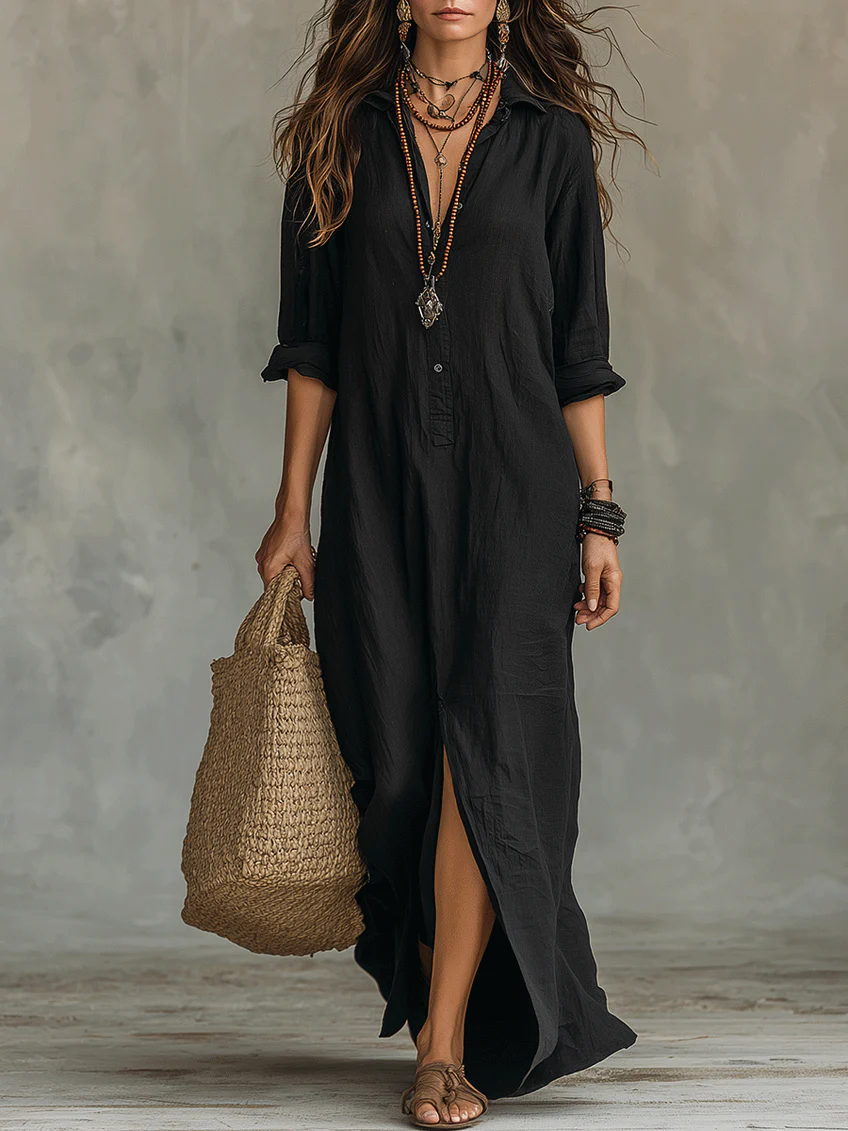 Shirt Collar Button-Down Maxi Dress - Long Sleeve Side Split | Meave & Ivy