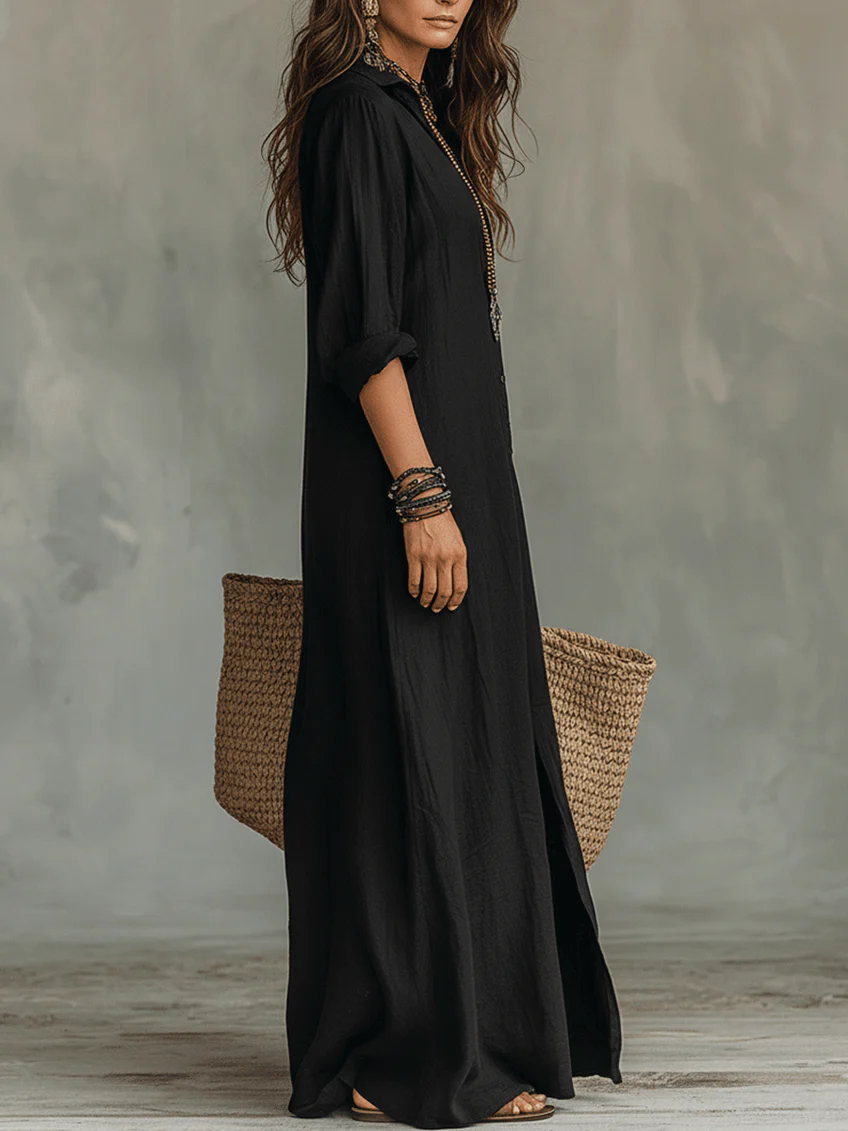 Shirt Collar Button-Down Maxi Dress - Long Sleeve Side Split | Meave & Ivy