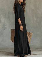 Shirt Collar Button-Down Maxi Dress - Long Sleeve Side Split | Meave & Ivy