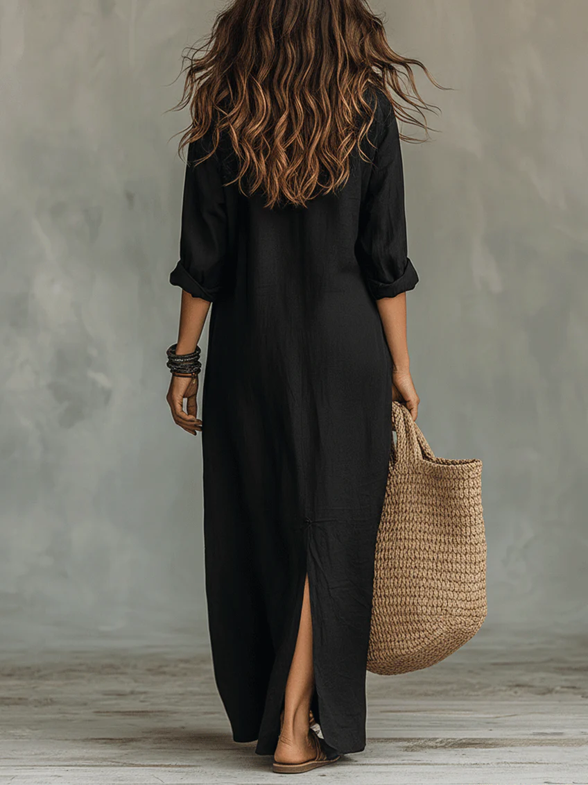 Shirt Collar Button-Down Maxi Dress - Long Sleeve Side Split | Meave & Ivy